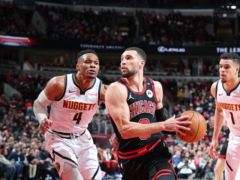 CHICAGO, IL - JANUARY 27: Zach LaVine #8 of the Chicago Bulls drives to the basket during the game against the Denver Nuggets on January 27, 2025 at United Center in Chicago, Illinois. NOTE TO USER: User expressly acknowledges and agrees that, by downloading and or using this photograph, User is consenting to the terms and conditions of the Getty Images License Agreement. Mandatory Copyright Notice: Copyright 2025 NBAE (Photo by Jeff Haynes/NBAE via Getty Images)