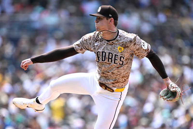 Jul 14, 2024; San Diego, California, USA; San Diego Padres relief pitcher Sean Reynolds (54) pitches against the Atlanta Braves during the seventh inning at Petco Park. Mandatory Credit: Orlando Ramirez-USA TODAY Sports