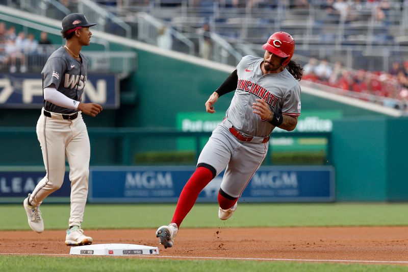 Jul 20, 2024; Washington, District of Columbia, USA; Cincinnati Reds second base Jonathan India (6) rounds third base en route to scoring a run on an RBI single by Reds outfielder Spencer Steer (not pictured) against the Washington Nationals during the first inning at Nationals Park. Mandatory Credit: Geoff Burke-USA TODAY Sports
