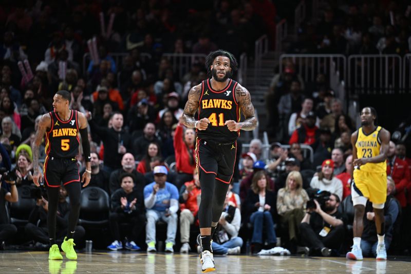 ATLANTA, GA - JANUARY 12: Saddiq Bey #41 of the Atlanta Hawks looks on during the game against the Indiana Pacers on January 12, 2024 at State Farm Arena in Atlanta, Georgia.  NOTE TO USER: User expressly acknowledges and agrees that, by downloading and/or using this Photograph, user is consenting to the terms and conditions of the Getty Images License Agreement. Mandatory Copyright Notice: Copyright 2024 NBAE (Photo by Adam Hagy/NBAE via Getty Images)