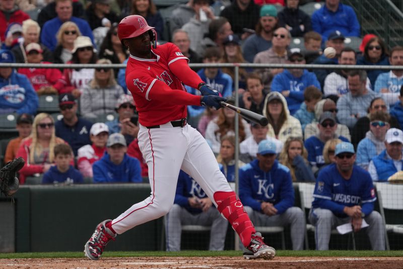 Mar 14, 2025; Tempe, Arizona, USA; Los Angeles Angels outfielder Jorge Soler (12) hits a two run home run against the Kansas City Royals in the third inning at Tempe Diablo Stadium. Mandatory Credit: Rick Scuteri-Imagn Images