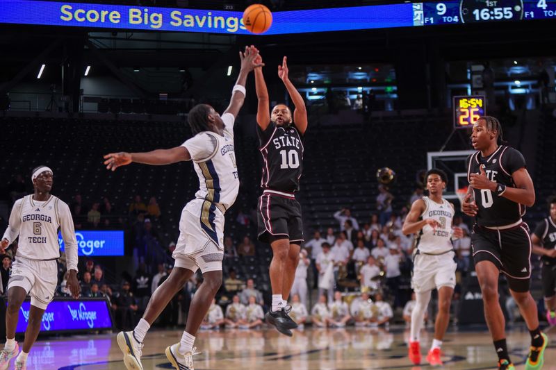 Dec 3, 2025; Atlanta, Georgia, USA; Mississippi State Bulldogs guard Jayden Epps (10) shoots against the Georgia Tech Yellow Jackets in the first half at McCamish Pavilion. Mandatory Credit: Brett Davis-Imagn Images