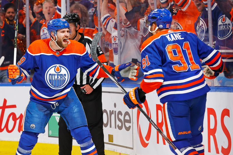 May 1, 2024; Edmonton, Alberta, CAN; The Edmonton Oilers celebrate a goal scored by forward Evander Kane (91) during the first period against the Los Angeles Kings in game five of the first round of the 2024 Stanley Cup Playoffs at Rogers Place. Mandatory Credit: Perry Nelson-USA TODAY Sports