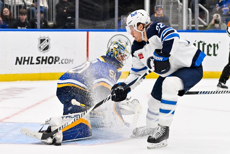 Nov 7, 2023; St. Louis, Missouri, USA;  St. Louis Blues goaltender Jordan Binnington (50) makes a save against Winnipeg Jets center Mason Appleton (22) during the third period at Enterprise Center. Mandatory Credit: Jeff Curry-USA TODAY Sports