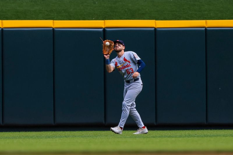 May 29, 2024; Cincinnati, Ohio, USA; St. Louis Cardinals outfielder Michael Siani (63) catches a fly out hit by Cincinnati Reds first baseman Spencer Steer (not pictured) in the seventh inning at Great American Ball Park. Mandatory Credit: Katie Stratman-USA TODAY Sports