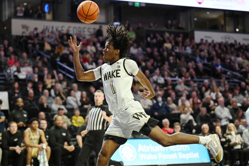 Feb 11, 2023; Winston-Salem, North Carolina, USA; Wake Forest Demon Deacons guard Tyree Appleby (1) tries to save a loose ball during the first half at Lawrence Joel Veterans Memorial Coliseum. Mandatory Credit: William Howard-USA TODAY Sports