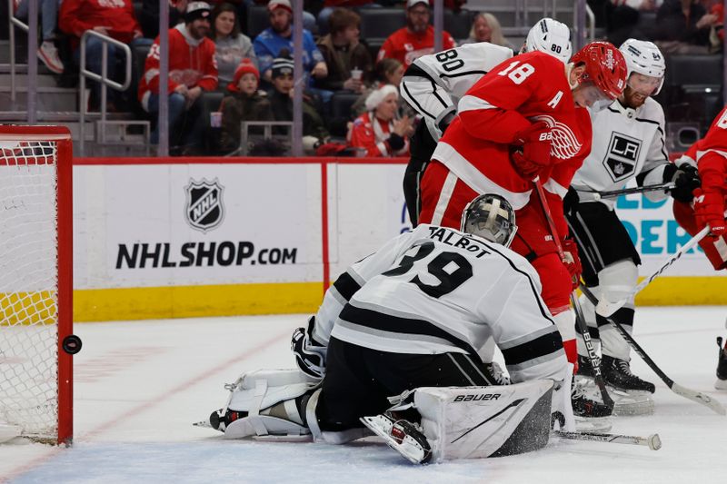 Jan 13, 2024; Detroit, Michigan, USA;  Detroit Red Wings center Andrew Copp (18) scores on Los Angeles Kings goaltender Cam Talbot (39) in the second period at Little Caesars Arena. Mandatory Credit: Rick Osentoski-USA TODAY Sports