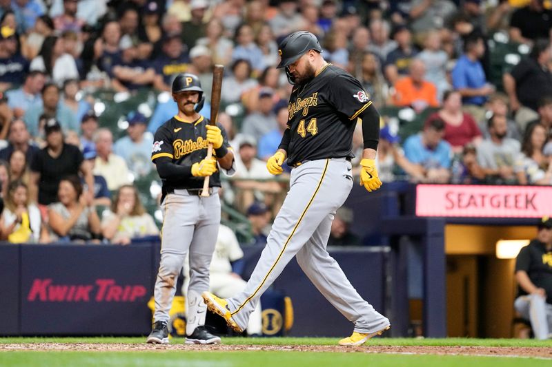 Jul 9, 2024; Milwaukee, Wisconsin, USA;  Pittsburgh Pirates first baseman Rowdy Tellez (44) steps on home plate after hitting a home run during the seventh inning against the Milwaukee Brewers at American Family Field. Mandatory Credit: Jeff Hanisch-USA TODAY Sports