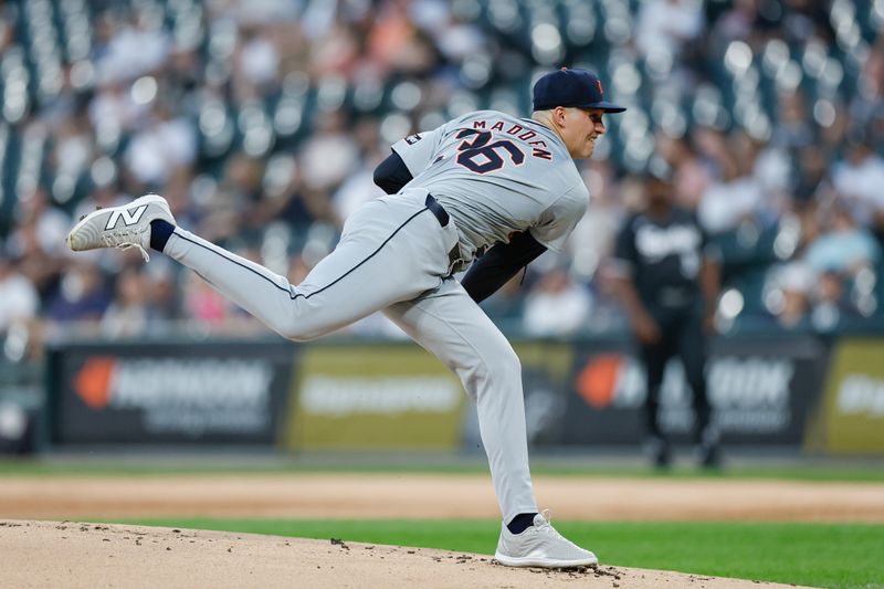 Aug 26, 2024; Chicago, Illinois, USA; Detroit Tigers starting pitcher Ty Madden (36) delivers a pitch against the Chicago White Sox during the first inning at Guaranteed Rate Field. Mandatory Credit: Kamil Krzaczynski-USA TODAY Sports