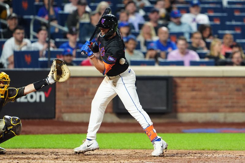 Jun 14, 2024; New York City, New York, USA;  New York Mets center fielder Tyrone Taylor (15) gets hit by a pitch during the seventh inning against the San Diego Padres at Citi Field. Mandatory Credit: Gregory Fisher-USA TODAY Sports