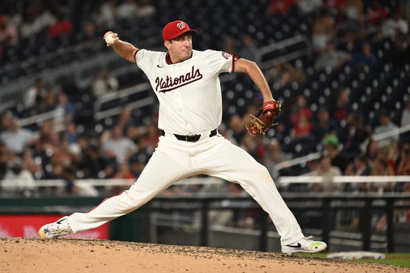 Aug 6, 2024; Washington, District of Columbia, USA; Washington Nationals relief pitcher Derek Law (58) throws a pitch against the San Francisco Giants during the sixth inning at Nationals Park. Mandatory Credit: Rafael Suanes-USA TODAY Sports