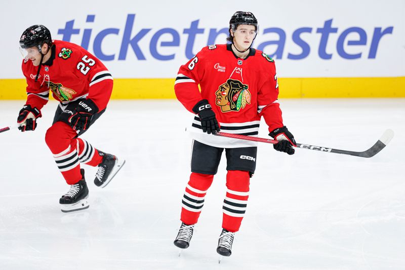 Dec 13, 2025; Chicago, Illinois, USA; Chicago Blackhawks left wing Nick Lardis (76) warms up before an NHL game against the Detroit Red Wings at United Center. Mandatory Credit: Kamil Krzaczynski-Imagn Images