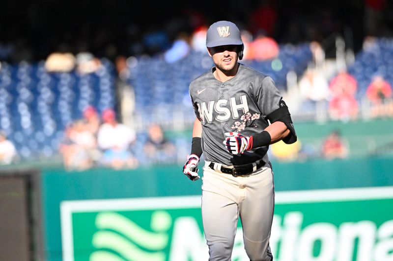 Sep 2, 2023; Washington, District of Columbia, USA; Washington Nationals right fielder Lane Thomas (28) rounds the bases after hitting a solo home run against the Miami Marlins /di/ at Nationals Park. Mandatory Credit: Brad Mills-USA TODAY Sports