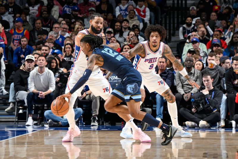 PHILADELPHIA, PA - NOVEMBER 2: Ja Morant #12 of the Memphis Grizzlies dribbles the ball during the game against the Philadelphia 76ers on November 2, 2024 at the Wells Fargo Center in Philadelphia, Pennsylvania NOTE TO USER: User expressly acknowledges and agrees that, by downloading and/or using this Photograph, user is consenting to the terms and conditions of the Getty Images License Agreement. Mandatory Copyright Notice: Copyright 2024 NBAE (Photo by David Dow/NBAE via Getty Images)