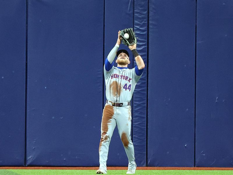 May 4, 2024; St. Petersburg, Florida, USA;  New York Mets outfielder Harrison Bader (44) catches a fly ball against the Tampa Bay Rays during the third inning at Tropicana Field. Mandatory Credit: Kim Klement Neitzel-USA TODAY Sports