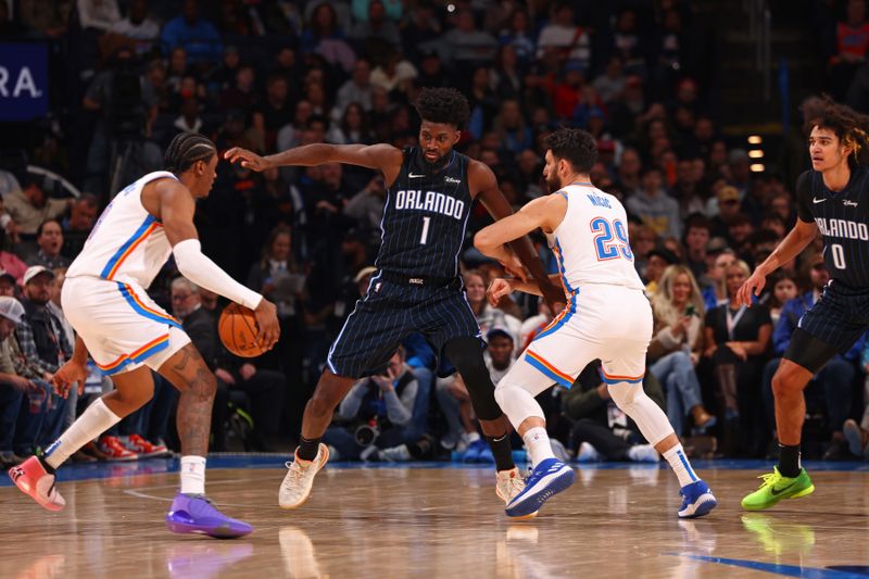 OKLAHOMA CITY, OK - JANUARY 13: Jonathan Isaac #1 of the Orlando Magic plays defense during the game against the Oklahoma City Thunder on January 13, 2024 at Paycom Arena in Oklahoma City, Oklahoma. NOTE TO USER: User expressly acknowledges and agrees that, by downloading and or using this photograph, User is consenting to the terms and conditions of the Getty Images License Agreement. Mandatory Copyright Notice: Copyright 2024 NBAE (Photo by Zach Beeker/NBAE via Getty Images)