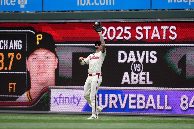 May 18, 2025; Philadelphia, Pennsylvania, USA; Philadelphia Phillies outfielder Nick Castellanos (8) fields a fly ball against the Pittsburgh Pirates in the fifth inning at Citizens Bank Park. Mandatory Credit: Kyle Ross-Imagn Images