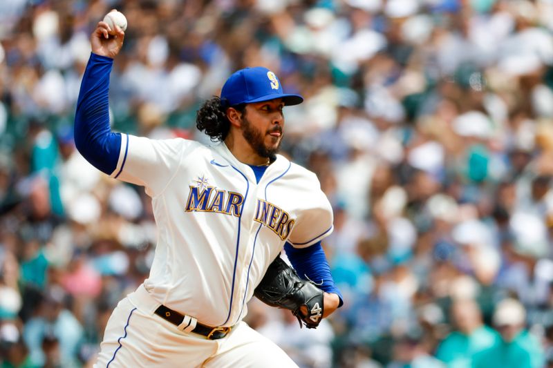 Jul 16, 2023; Seattle, Washington, USA; Seattle Mariners relief pitcher Andres Munoz (75) throws against the Detroit Tigers during the eighth inning at T-Mobile Park. Mandatory Credit: Joe Nicholson-USA TODAY Sports