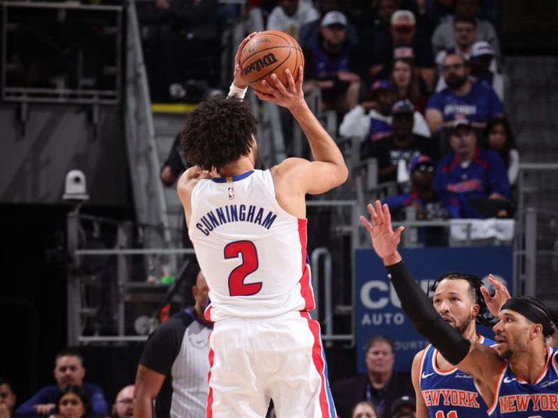 DETROIT, MI - APRIL 27: Cade Cunningham #2 of the Detroit Pistons shoots a three point basket during the game against the New York Knicks  during Round 1 Game 4 of the 2025 NBA Playoffs on April 27, 2025 at Little Caesars Arena in Detroit, Michigan. NOTE TO USER: User expressly acknowledges and agrees that, by downloading and/or using this photograph, User is consenting to the terms and conditions of the Getty Images License Agreement. Mandatory Copyright Notice: Copyright 2025 NBAE (Photo by Nathaniel S. Butler/NBAE via Getty Images)