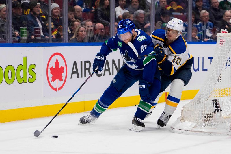 Jan 24, 2024; Vancouver, British Columbia, CAN; St. Louis Blues forward Brayden Schenn (10) checks Vancouver Canucks defenseman Ian Cole (82) in the second period at Rogers Arena. Mandatory Credit: Bob Frid-USA TODAY Sports