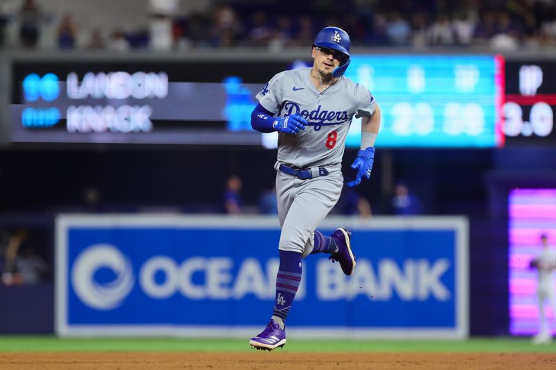 Sep 18, 2024; Miami, Florida, USA; Los Angeles Dodgers third baseman Enrique Hernandez (8) circles the bases after hitting a solo home run against the Miami Marlins during the fourth inning at loanDepot Park. Mandatory Credit: Sam Navarro-Imagn Images