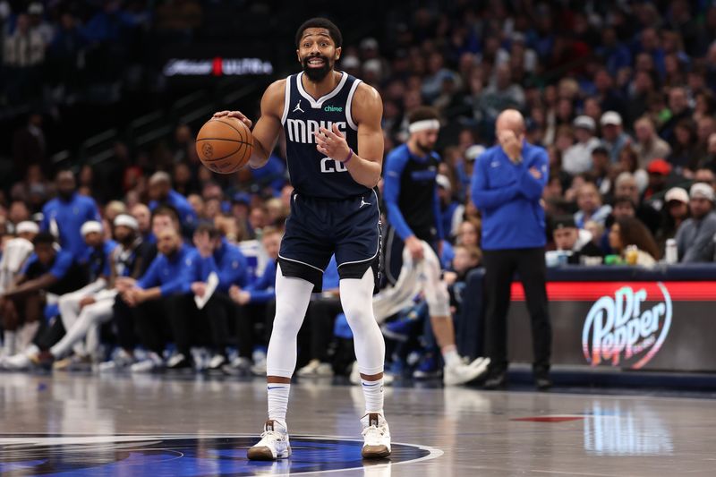 DALLAS, TEXAS - JANUARY 12: Spencer Dinwiddie #26 of the Dallas Mavericks controls the ball during the fourth quarter against the Denver Nuggets at American Airlines Center on January 12, 2025 in Dallas, Texas. NOTE TO USER: User expressly acknowledges and agrees that, by downloading and/or using this photograph, user is consenting to the terms and conditions of the Getty Images License Agreement. (Photo by Sam Hodde/Getty Images)