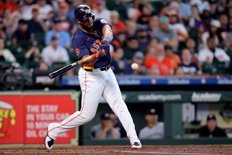 Jun 1, 2024; Houston, Texas, USA; Houston Astros first baseman Jose Abreu (79) hits a home run against the Minnesota Twins during the second inning at Minute Maid Park. Mandatory Credit: Erik Williams-USA TODAY Sports