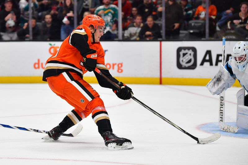 Oct 16, 2024; Anaheim, California, USA; Anaheim Ducks center Leo Carlsson (91) moves in against Utah Hockey Club goaltender Connor Ingram (39) to score a goal during the overtime period at Honda Center. Mandatory Credit: Gary A. Vasquez-Imagn Images