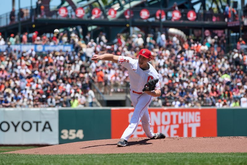 Jul 4, 2023; San Francisco, California, USA; San Francisco Giants starting pitcher Keaton Winn (67) throws a pitch against the Seattle Mariners during the first inning at Oracle Park. Mandatory Credit: Robert Edwards-USA TODAY Sports