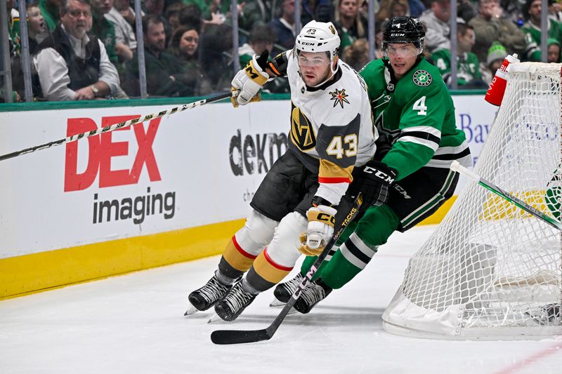 Dec 9, 2023; Dallas, Texas, USA; Vegas Golden Knights center Paul Cotter (43) and Dallas Stars defenseman Miro Heiskanen (4) chase the puck during the first period at the American Airlines Center. Mandatory Credit: Jerome Miron-USA TODAY Sports