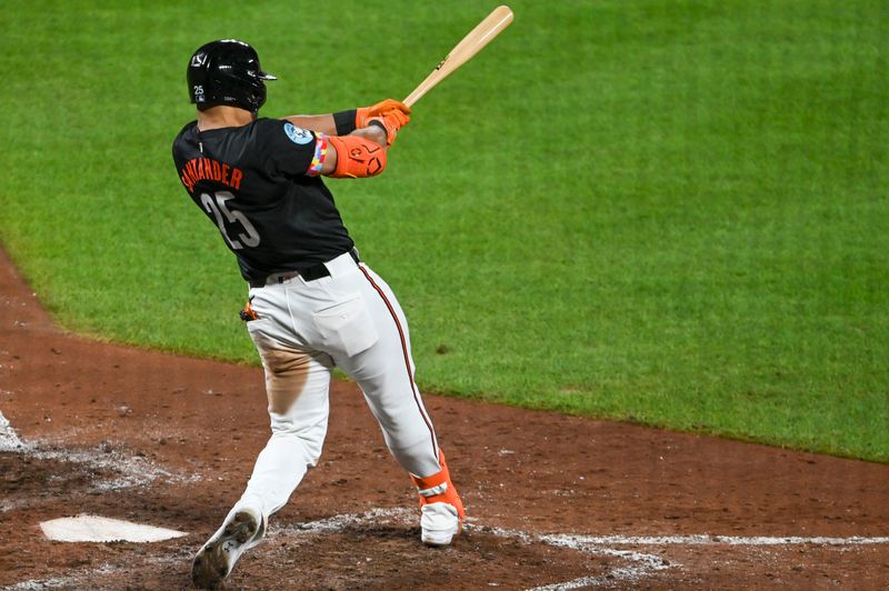 Aug 23, 2024; Baltimore, Maryland, USA; Baltimore Orioles right fielder Anthony Santander (25) swings through a eighth inning grand slam against the Houston Astros at Oriole Park at Camden Yards. Mandatory Credit: Tommy Gilligan-USA TODAY Sports