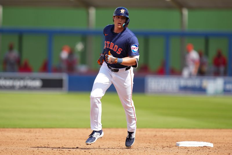 Mar 5, 2025; West Palm Beach, Florida, USA; Houston Astros outfielder Jake Meyers (6) rounds the bases after hitting a home run against the St. Louis Cardinals during the fourth inning at CACTI Park of the Palm Beaches. Mandatory Credit: Rich Storry-Imagn Images