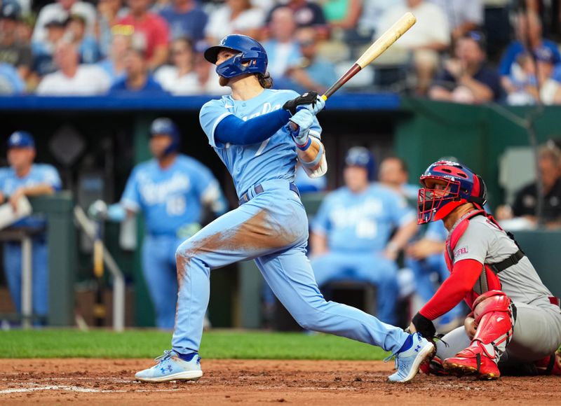 Aug 11, 2023; Kansas City, Missouri, USA; Kansas City Royals shortstop Bobby Witt Jr. (7) hits a home run against the St. Louis Cardinals during the second inning at Kauffman Stadium. Mandatory Credit: Jay Biggerstaff-USA TODAY Sports