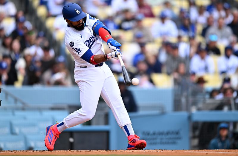 Apr 27, 2025; Los Angeles, California, USA; Los Angeles Dodgers outfielder Teoscar Hernandez (37) bats during the first inning against the Pittsburgh Pirates at Dodger Stadium. Mandatory Credit: Jonathan Hui-Imagn Images