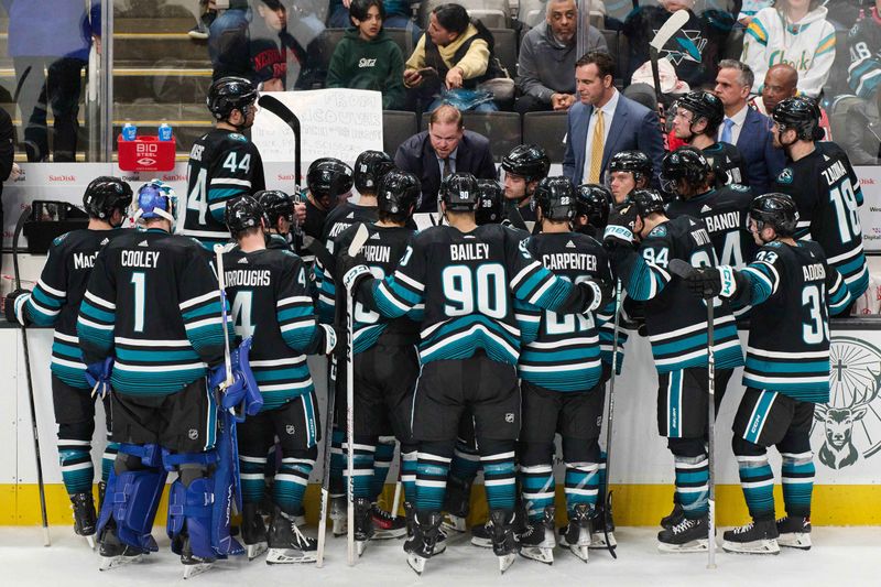 Mar 23, 2024; San Jose, California, USA; San Jose Sharks assistant coach Scott Gordon instructs his team against the Chicago Blackhawks during the third period at SAP Center at San Jose. Mandatory Credit: Robert Edwards-USA TODAY Sports