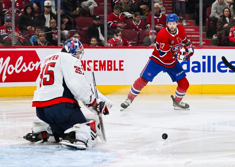 Oct 21, 2023; Montreal, Quebec, CAN; Washington Capitals goalie Darcy Kuemper (35) makes a save against Montreal Canadiens right wing Josh Anderson (17) during the second period at Bell Centre. Mandatory Credit: David Kirouac-USA TODAY Sports