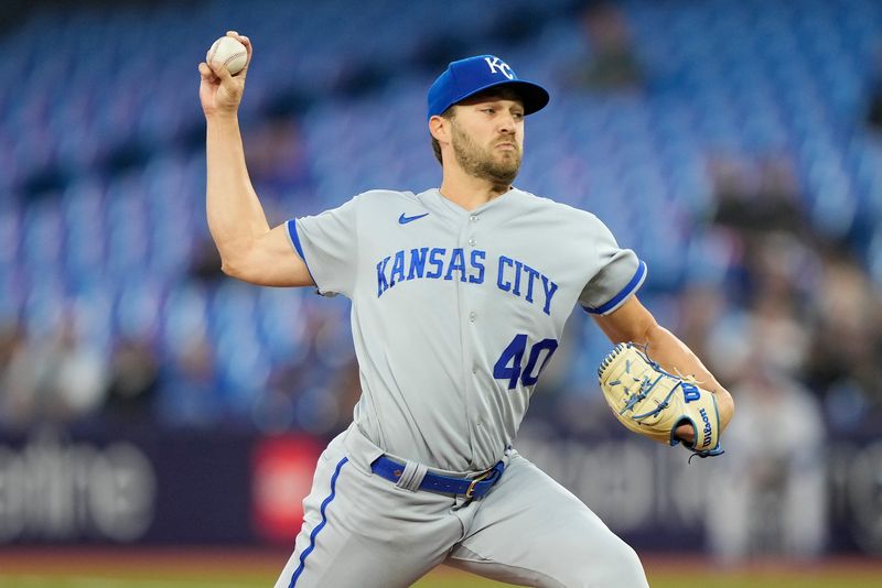 Sep 8, 2023; Toronto, Ontario, CAN; Kansas City Royals starting pitcher Collin Snider (40) pitches to the Toronto Blue Jays during the second inning at Rogers Centre. Mandatory Credit: John E. Sokolowski-USA TODAY Sports