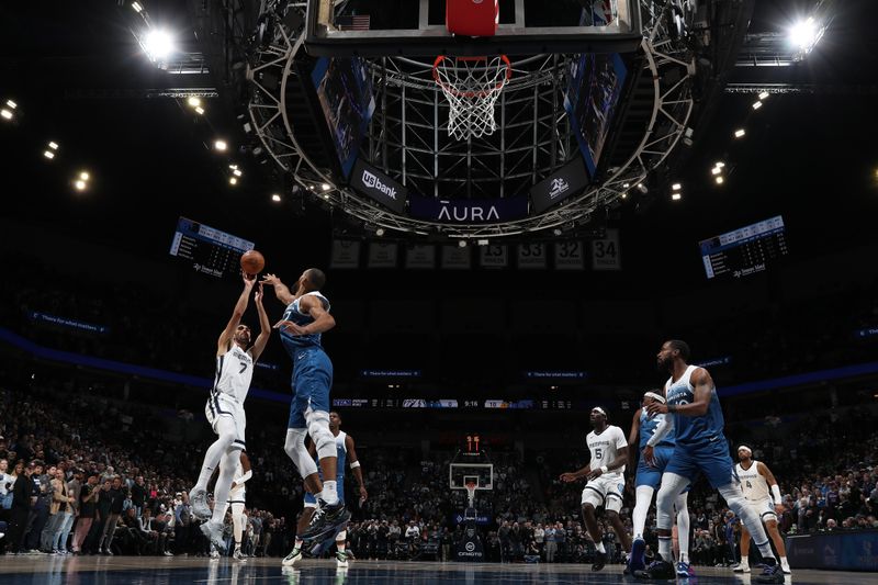 MINNEAPOLIS, MN -  FEBRUARY 28:  Santi Aldama #7 of the Memphis Grizzlies shoots the ball during the game against the Minnesota Timberwolves on February 28, 2024 at Target Center in Minneapolis, Minnesota. NOTE TO USER: User expressly acknowledges and agrees that, by downloading and or using this Photograph, user is consenting to the terms and conditions of the Getty Images License Agreement. Mandatory Copyright Notice: Copyright 2024 NBAE (Photo by Jordan Johnson/NBAE via Getty Images)