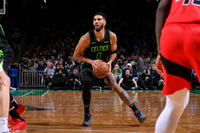 BOSTON, MA - NOVEMBER 16: Jayson Tatum #0 of the Boston Celtics shoots the ball during the game against the Toronto Raptors on November 16, 2024 at TD Garden in Boston, Massachusetts. NOTE TO USER: User expressly acknowledges and agrees that, by downloading and/or using this Photograph, user is consenting to the terms and conditions of the Getty Images License Agreement. Mandatory Copyright Notice: Copyright 2024 NBAE (Photo by Brian Babineau/NBAE via Getty Images)