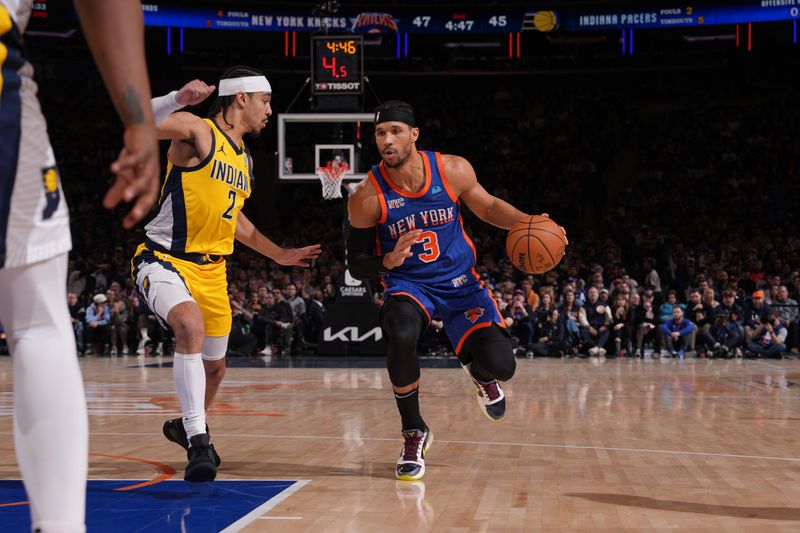 NEW YORK, NY - FEBRUARY 10: Josh Hart #3 of the New York Knicks dribbles the ball during the game against the Indiana Pacers on February 10, 2024 at Madison Square Garden in New York City, New York.  NOTE TO USER: User expressly acknowledges and agrees that, by downloading and or using this photograph, User is consenting to the terms and conditions of the Getty Images License Agreement. Mandatory Copyright Notice: Copyright 2024 NBAE  (Photo by Jesse D. Garrabrant/NBAE via Getty Images)