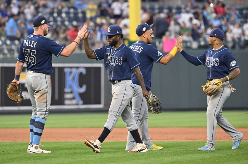 Jul 15, 2023; Kansas City, Missouri, USA;  The Tampa Bay Rays celebrate after beating the Kansas City Royals at Kauffman Stadium. Mandatory Credit: Peter Aiken-USA TODAY Sports