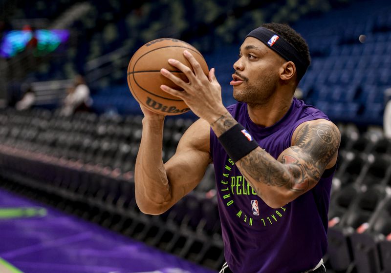 NEW ORLEANS, LOUISIANA - FEBRUARY 12: Keion Brooks Jr. #0 of the New Orleans Pelicans during warm ups before a game against the Sacramento Kings at the Smoothie King Center on February 12, 2025 in New Orleans, Louisiana. NOTE TO USER: User expressly acknowledges and agrees that, by downloading and or using this photograph, User is consenting to the terms and conditions of the Getty Images License Agreement. (Photo by Derick E. Hingle/Getty Images)