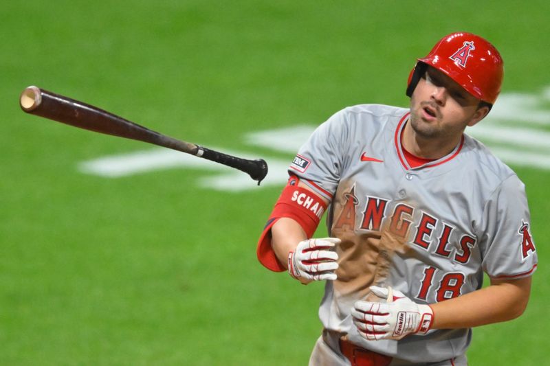 May 3, 2024; Cleveland, Ohio, USA; Los Angeles Angels first baseman Nolan Schanuel (18) tosses his bat after walking in the seventh inning against the Cleveland Guardians at Progressive Field. Mandatory Credit: David Richard-USA TODAY Sports