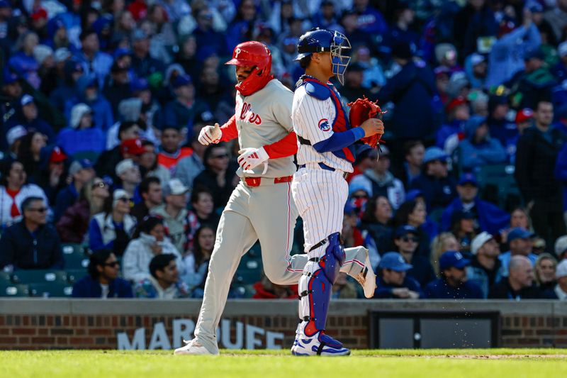 Apr 26, 2025; Chicago, Illinois, USA; Philadelphia Phillies right fielder Nick Castellanos (8) scores against the Chicago Cubs during the fourth inning at Wrigley Field. Mandatory Credit: Kamil Krzaczynski-Imagn Images