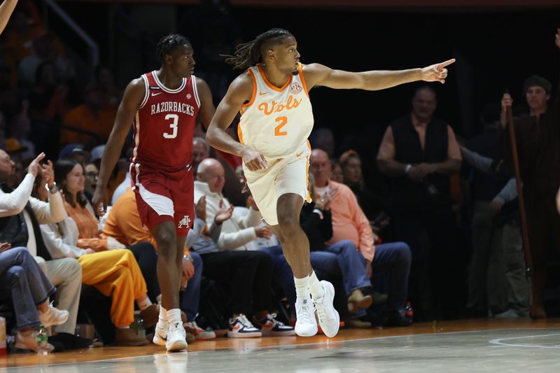 Jan 4, 2025; Knoxville, Tennessee, USA; Tennessee Volunteers guard Chaz Lanier (2) reacts to a play against the Arkansas Razorbacks during the second half at Thompson-Boling Arena at Food City Center. Mandatory Credit: Randy Sartin-Imagn Images
