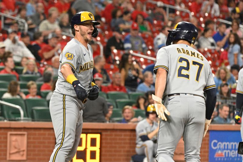 Sep 20, 2023; St. Louis, Missouri, USA; Milwaukee Brewers right fielder Josh Donaldson (3) celebrates with shortstop Willy Adames (27) after hitting a 3-run homerun against the St. Louis Cardinals at Busch Stadium. Mandatory Credit: Jeff Le-USA TODAY Sports