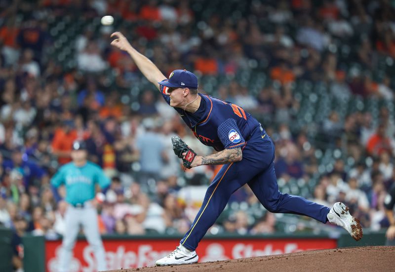 Sep 23, 2024; Houston, Texas, USA; Houston Astros starting pitcher Hunter Brown (58) delivers a pitch during the first inning against the Seattle Mariners at Minute Maid Park. Mandatory Credit: Troy Taormina-Imagn Images