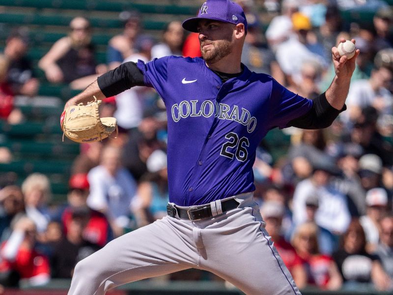 Mar 8, 2024; Tempe, Arizona, USA; Colorado Rockies starting pitcher Austin Gomber (26) on the mound in the first during a spring training game against the Los Angeles Angels at Tempe Diablo Stadium. Mandatory Credit: Allan Henry-USA TODAY Sports