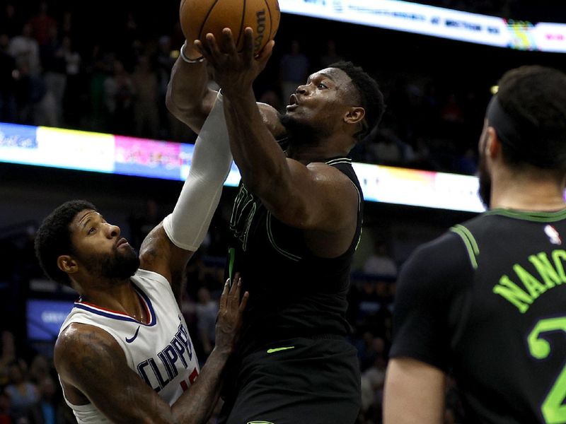 NEW ORLEANS, LOUISIANA - MARCH 15: Zion Williamson #1 of the New Orleans Pelicans shoots over Paul George #13 of the LA Clippers during the fourth quarter of an NBA game at Smoothie King Center on March 15, 2024 in New Orleans, Louisiana. NOTE TO USER: User expressly acknowledges and agrees that, by downloading and or using this photograph, User is consenting to the terms and conditions of the Getty Images License Agreement. (Photo by Sean Gardner/Getty Images)