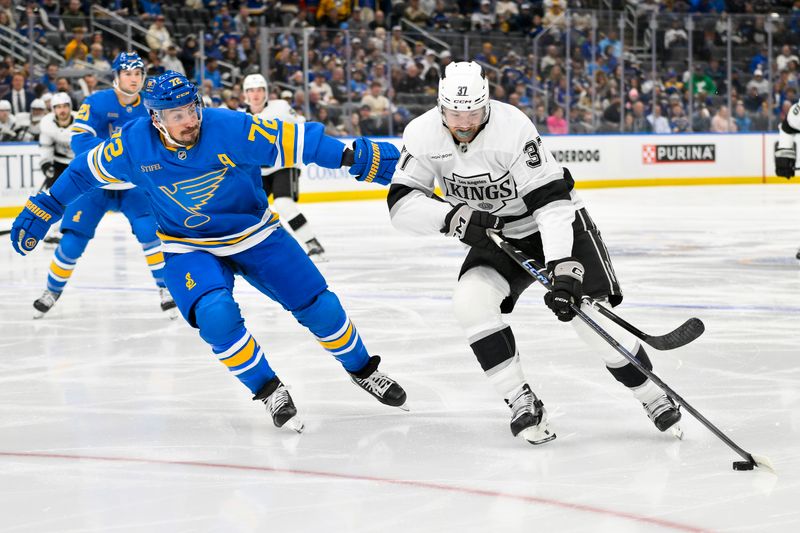 Oct 21, 2025; St. Louis, Missouri, USA; Los Angeles Kings left wing Warren Foegele (37) controls the puck as St. Louis Blues defenseman Justin Faulk (72) defends during the first period at Enterprise Center. Mandatory Credit: Jeff Curry-Imagn Images